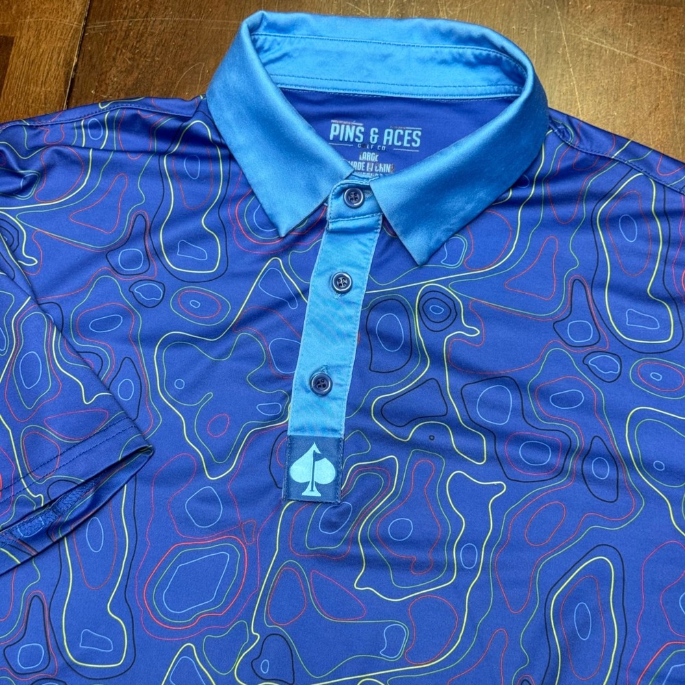 Pins & Aces Golf Polo Mens Large Blue Topographic AOP Print Performance